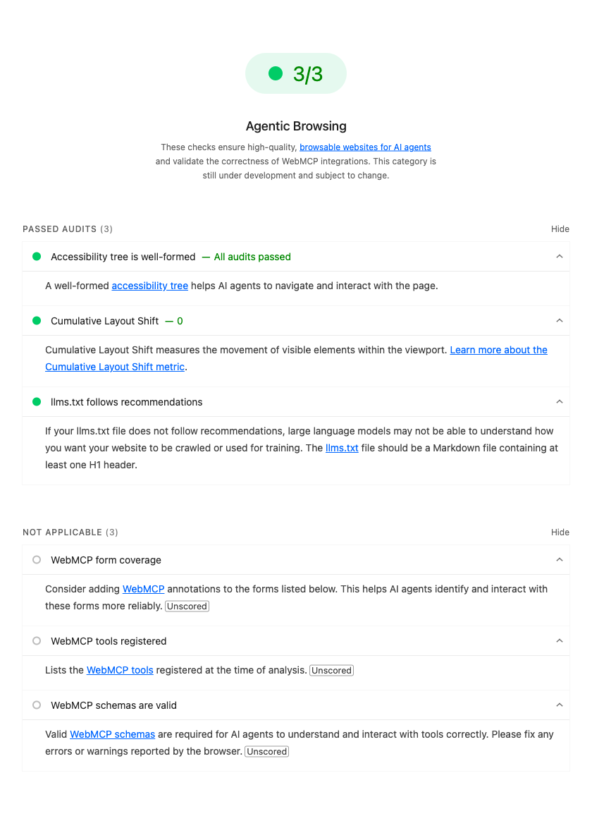 Lighthouse 13.4 Agentic Browsing result for umesh-malik.com: a green 3 out of 3 score, with three passed audits — accessibility tree well-formed, Cumulative Layout Shift of 0, and llms.txt follows recommendations — plus three WebMCP audits marked Not Applicable
