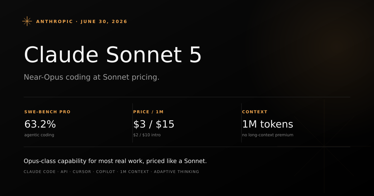 Cover for the Claude Sonnet 5 guide: benchmarks, pros and cons, use cases, and cost math versus Sonnet 4.6 and Opus 4.8