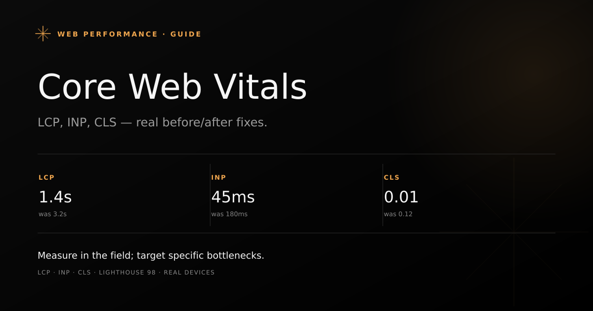Core Web Vitals dashboard showing three gauge meters for LCP, INP, and CLS with before and after optimization results