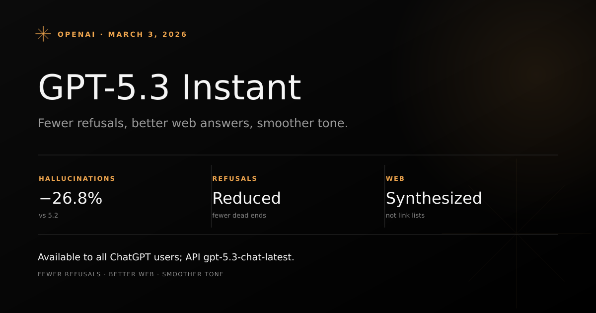 OpenAI GPT-5.3 Instant overview showing three key improvements: fewer refusals, better web answers, and smoother conversational tone