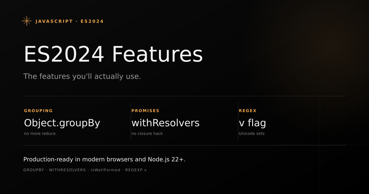 JavaScript ES2024 features overview showing Object.groupBy, Promise.withResolvers, Unicode strings, and RegExp v flag