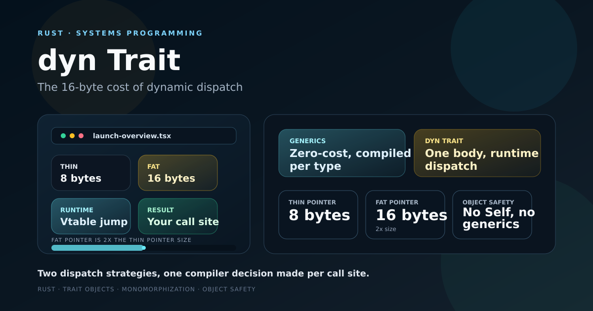 Dashboard-style cover comparing Rust's 8-byte thin pointer against the 16-byte dyn Trait fat pointer with vtable indirection