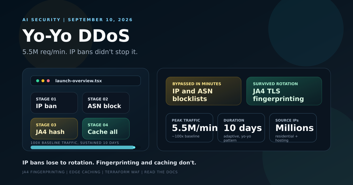 Dashboard-style cover showing a yo-yo DDoS attack ramping to 5.5 million requests per minute against Read the Docs, and the JA4 fingerprinting defense that held