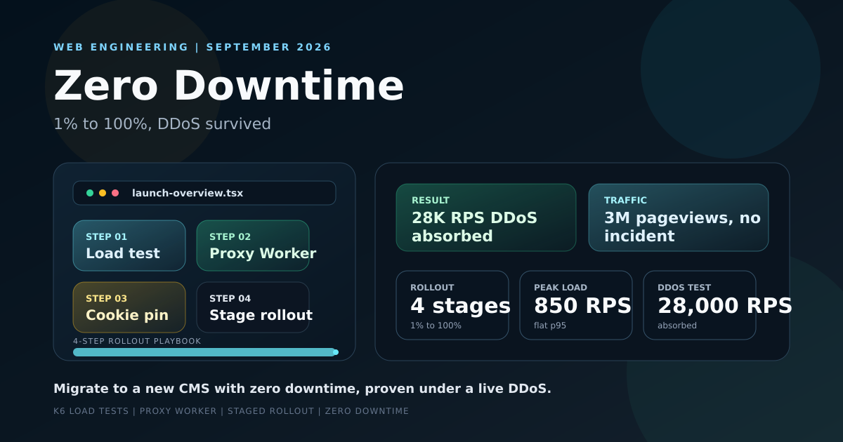 Dashboard-style cover showing a staged zero-downtime migration rollout climbing from 1 percent to 100 percent traffic with a DDoS spike absorbed along the way